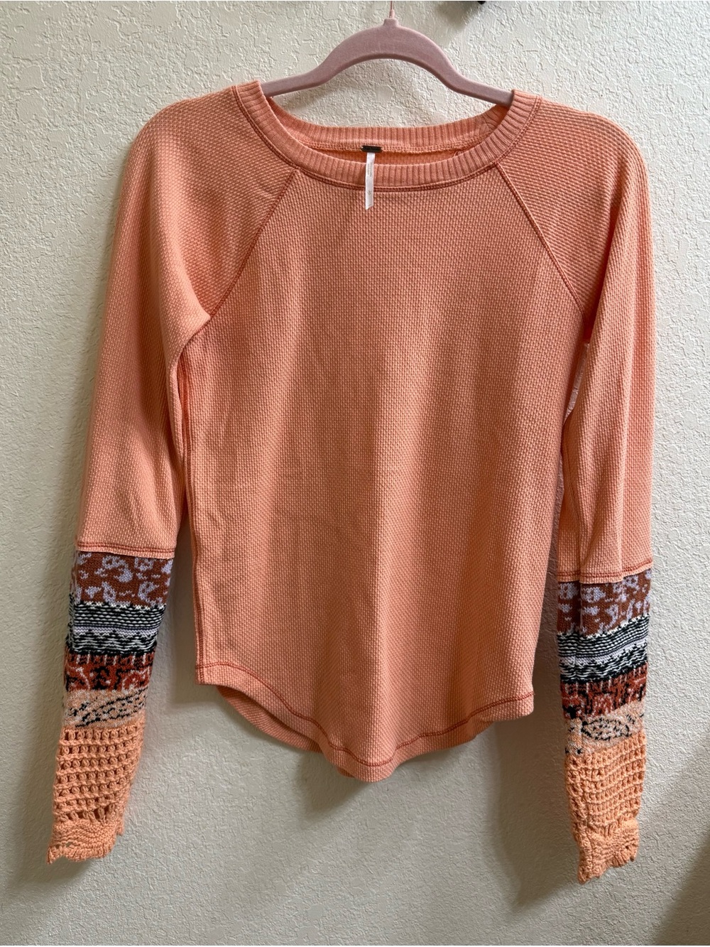 Free People Peach Knit, Fitted Long-Sleeve with Patterned Crochet Sleeves